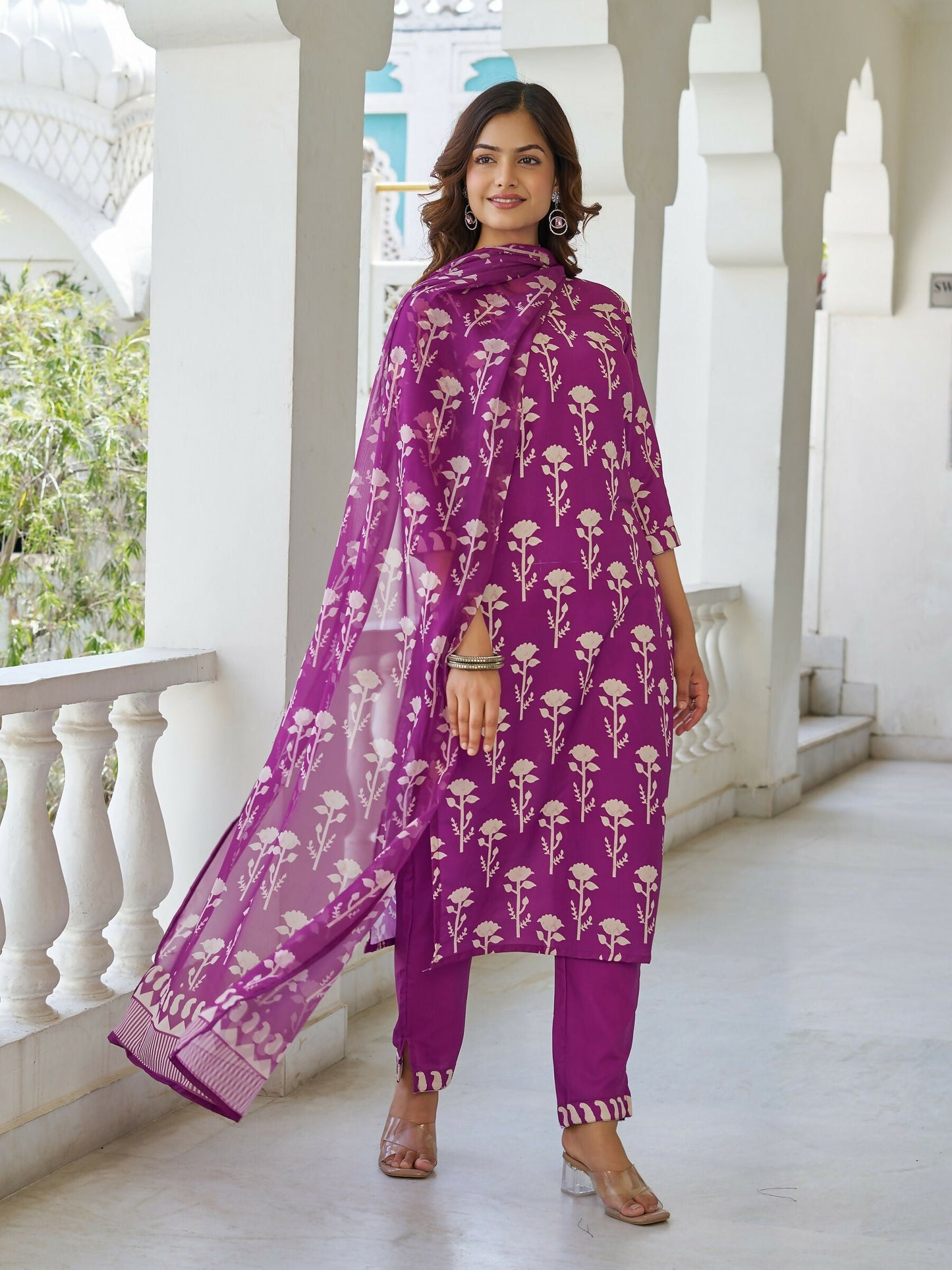The52 Wine Women's Beautiful Cotton Blend Fabric Printed Work Straight Kurta, Pant and Dupatta Set - Swadesiicart