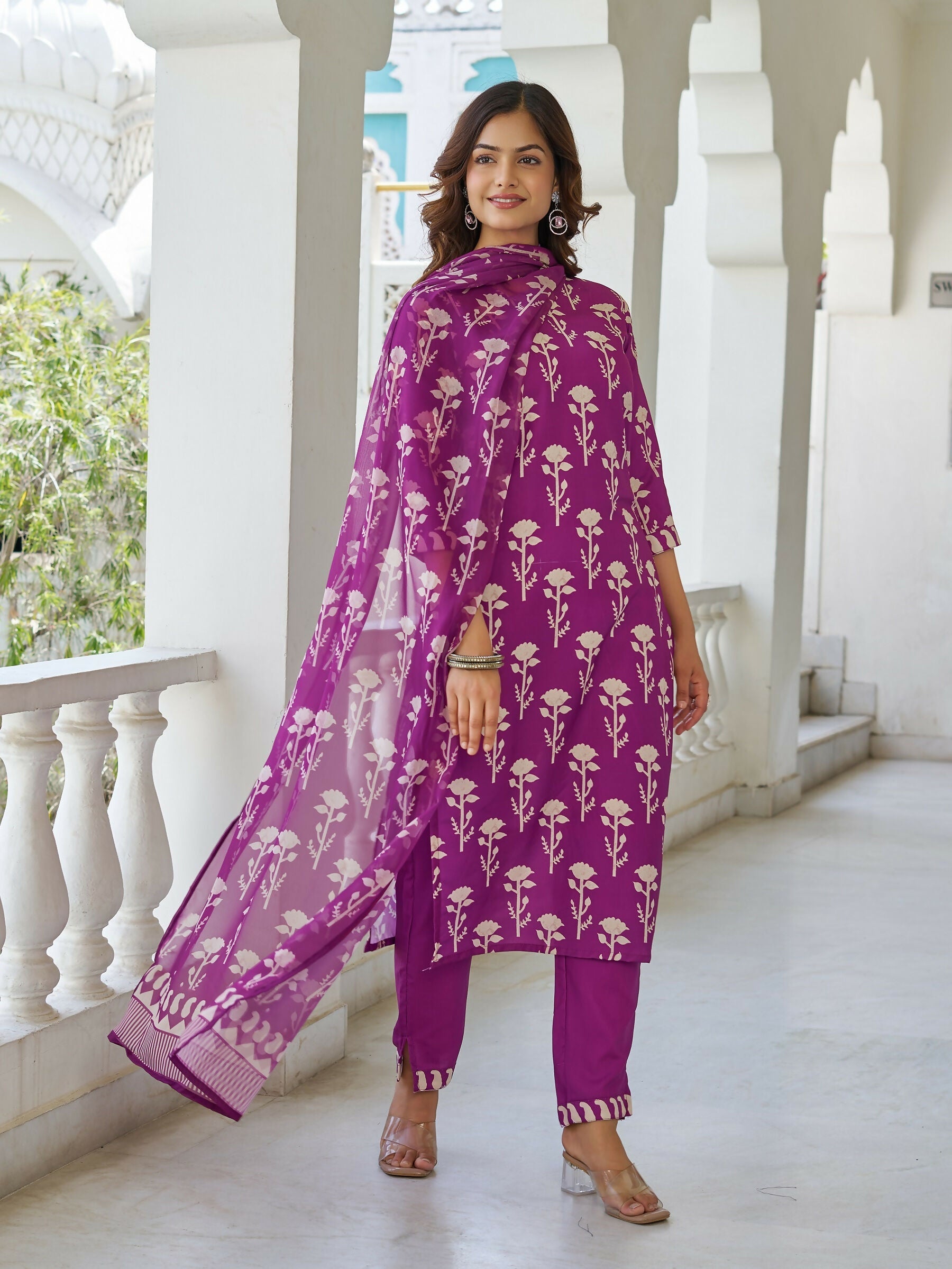 The52 Wine Women's Beautiful Cotton Blend Fabric Printed Work Straight Kurta, Pant and Dupatta Set - Swadesiicart