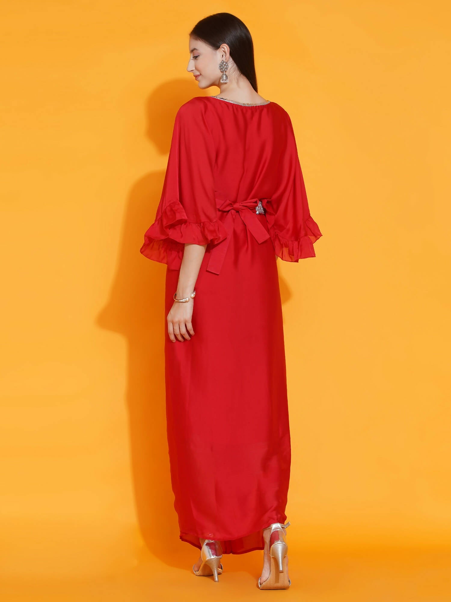 Women Republic Red Georgette Gown With Embellished Belt | Swadesiicart