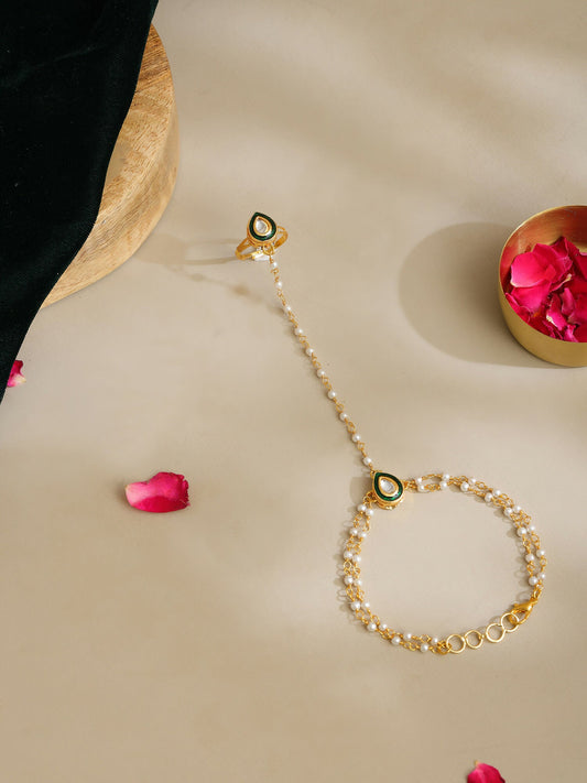 Ruby Raang Gold Green Meenakari Kundan Haath Phool | Swadesiicart