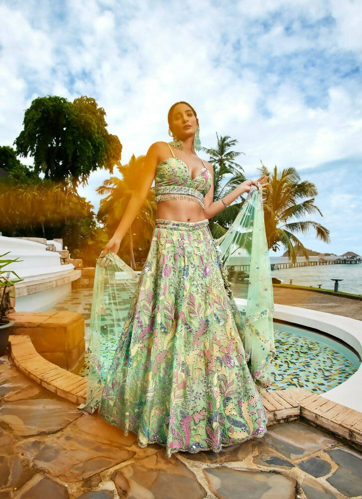 House of Panchhi Lime Green Organza Sequins And Mirror Embroidery Lehenga Choli & Dupatta | Swadesiicart