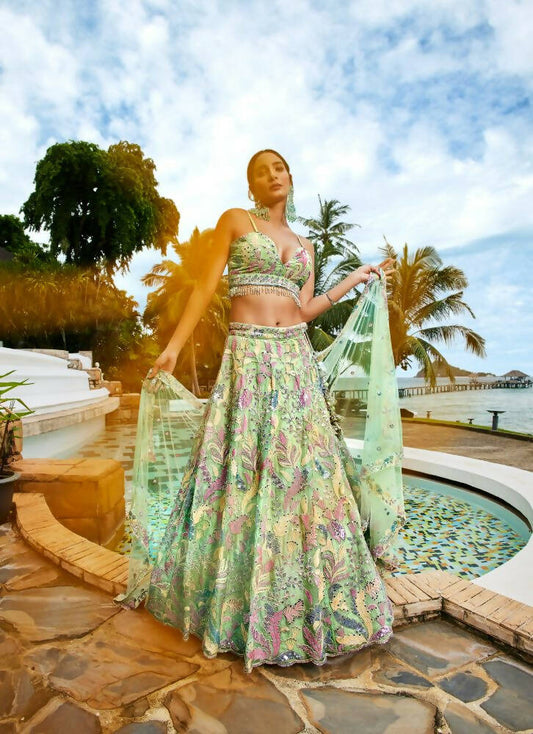House of Panchhi Lime Green Organza Sequins And Mirror Embroidery Lehenga Choli & Dupatta | Swadesiicart