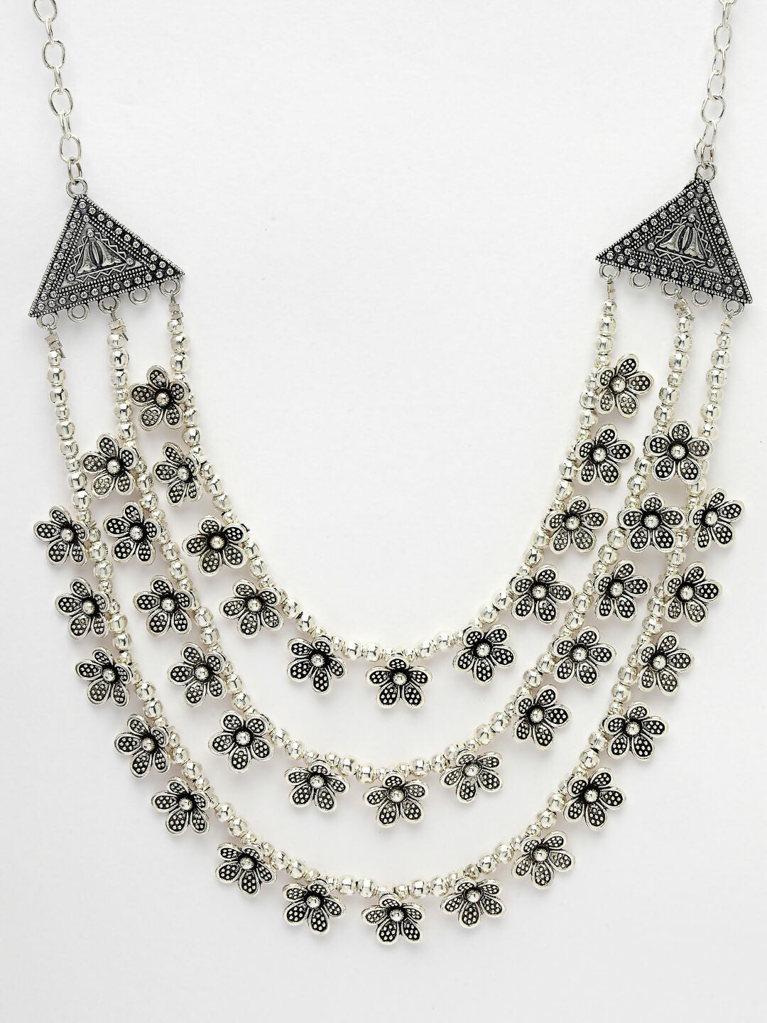 NVR Women's 3 Layered Floral Shape Artificial Beads German Silver Oxidised Necklace | Swadesiicart