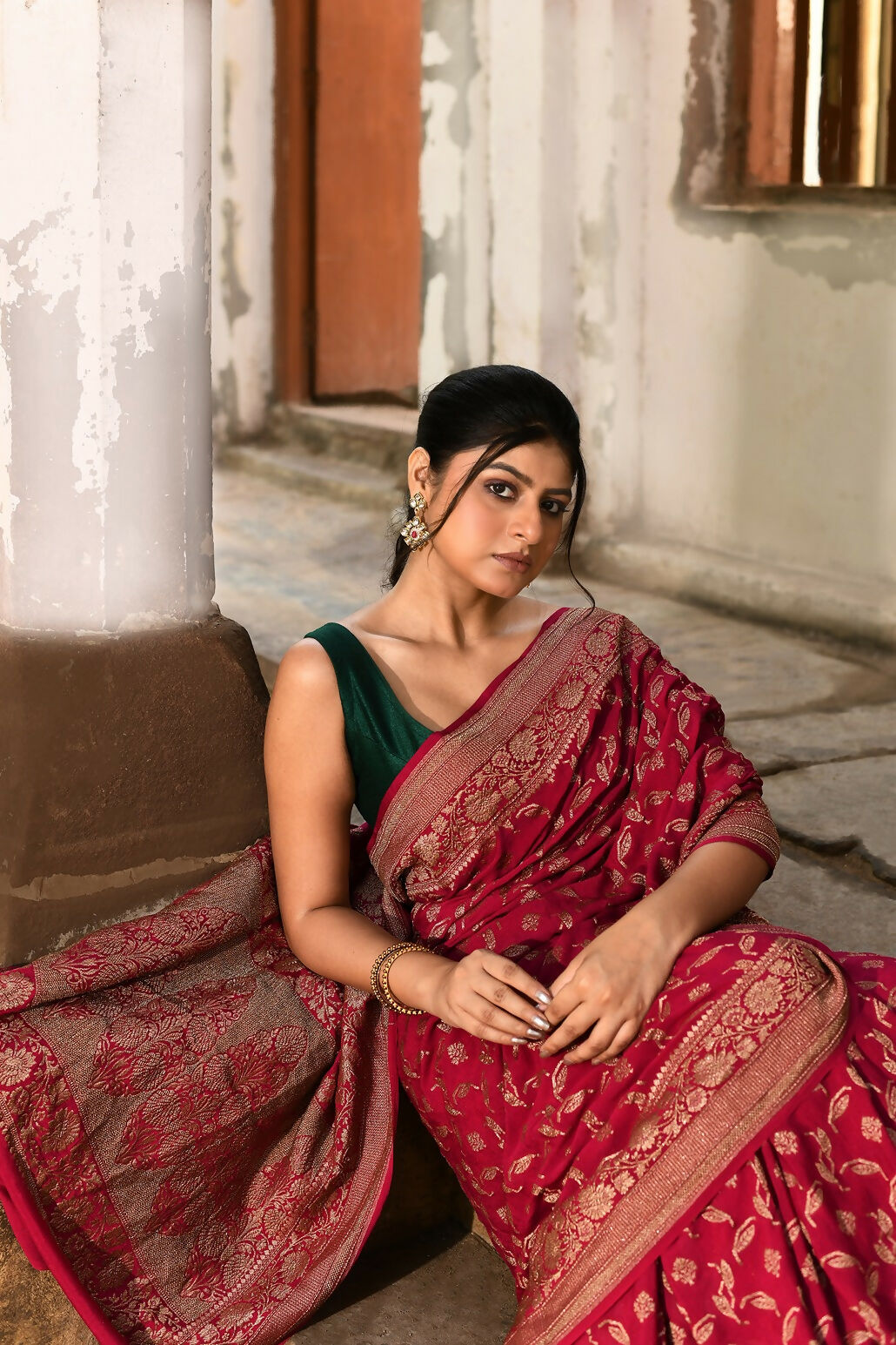 Joban Fashion Hot Pink Crepe Chiffon Banarasi Pure Handloom Banarasi Silk Saree | Swadesiicart
