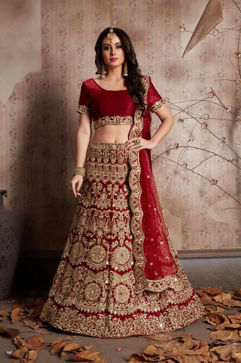 Jyoti Fashion Mesmerizing Red Sequins Embroidered Velvet Lehenga Choli with Dupatta | Swadesiicart