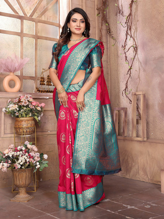 Joban Fashion Hot Pink Banarasi Soft Silk Woven Saree | Swadesiicart