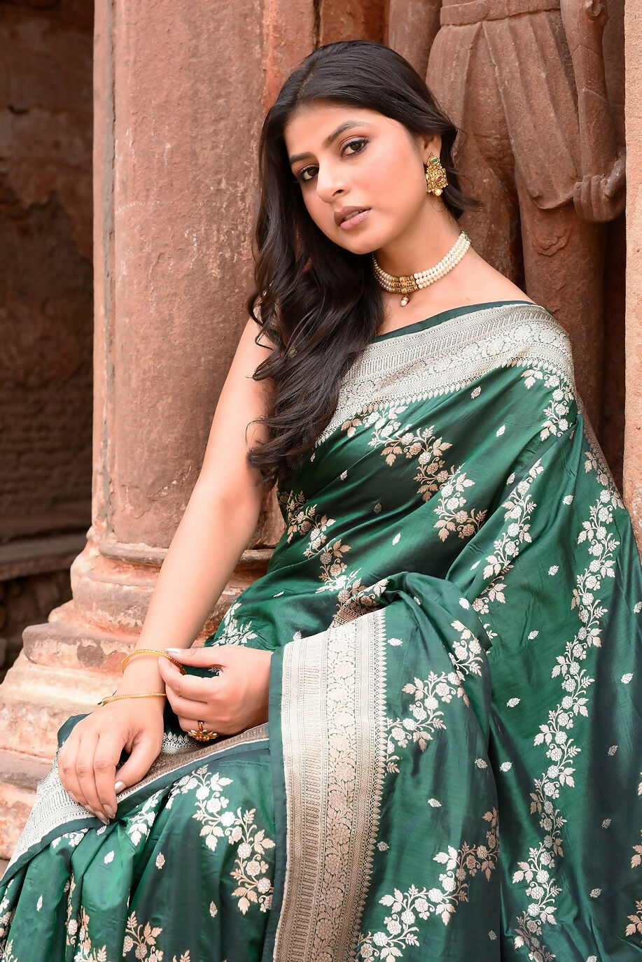 Joban Fashion Emerald Green Banarasi Katan Pure Handloom Banarasi Silk Saree | Swadesiicart