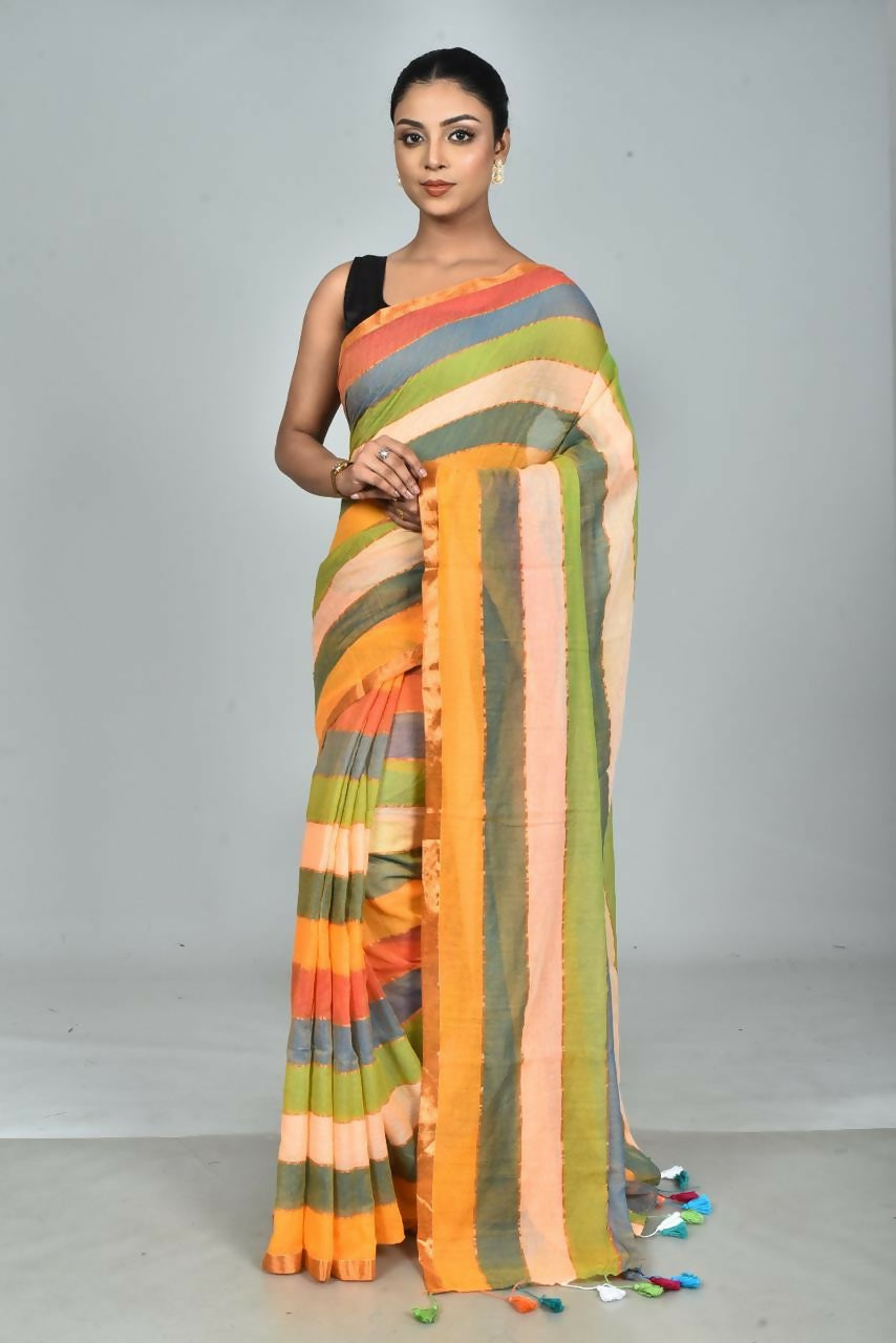 Exclusive Collection Beautiful Multi3 Pure Cotton Woven Handloom Saree With Running Blouse Piece - Swadesiicart