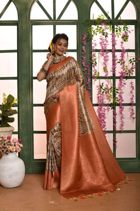 Vishnu Weaves Women's Orange Banarasi Silk Zari Woven Patola Saree with Blouse - Swadesiicart