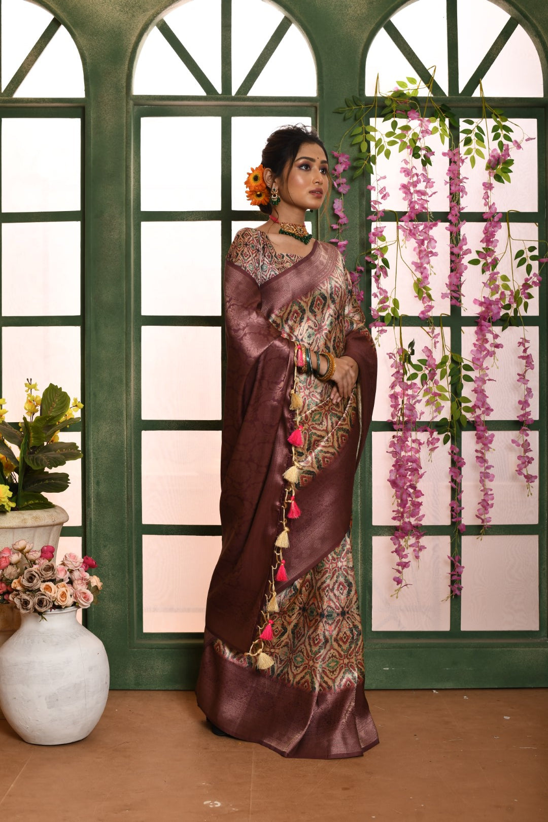 Vishnu Weaves Women's Wine Banarasi Silk Zari Woven Patola Saree with Blouse - Swadesiicart