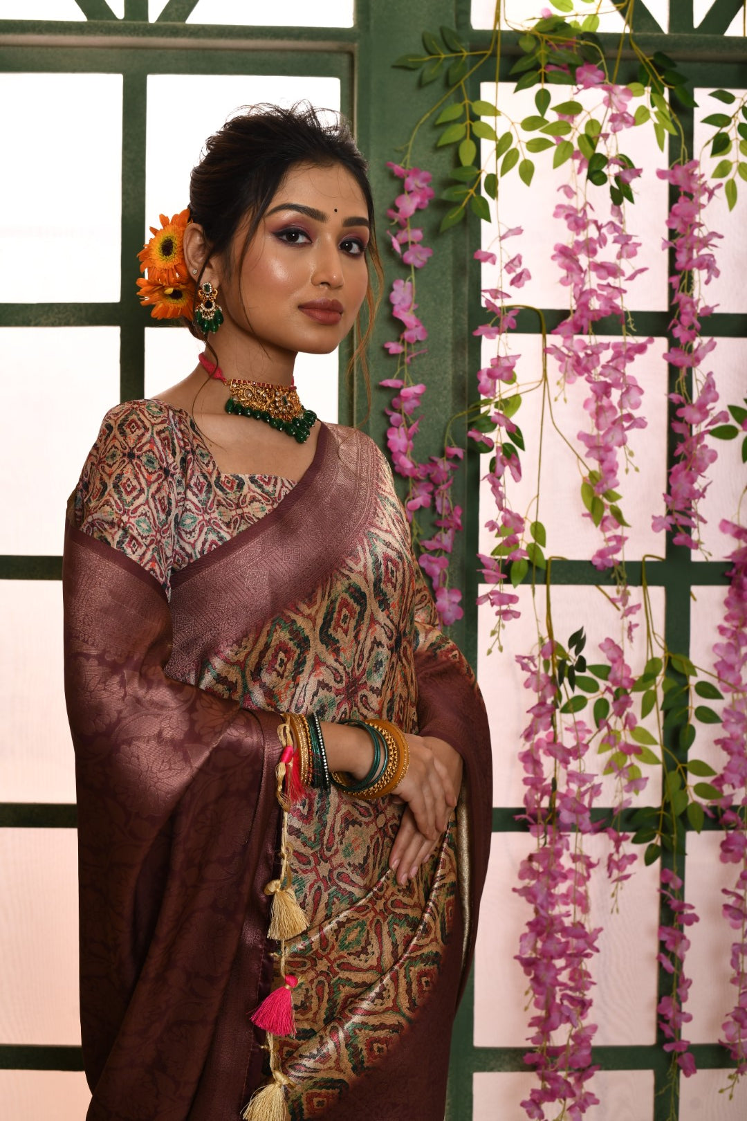 Vishnu Weaves Women's Wine Banarasi Silk Zari Woven Patola Saree with Blouse - Swadesiicart