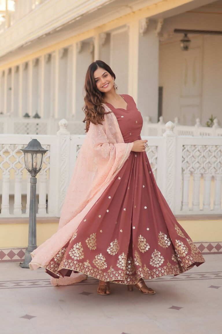 Jyoti Fashion Women's Brown Faux Georgette Sequins Thread Embroidery Anarkali Dress with Dupatta | Swadesiicart