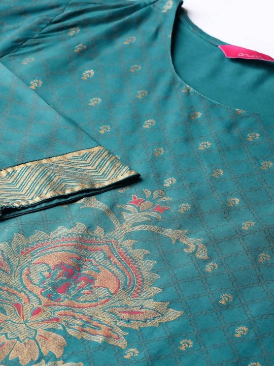 Anubhutee Peacock Blue Kurta Set with Golden Traditional Motifs - Swadesiicart