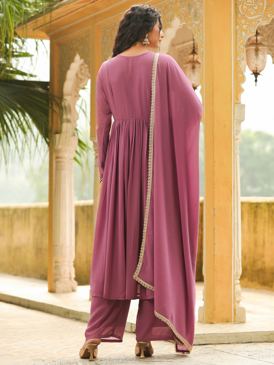 Janasya Lavender Georgette Yoke Embroidery Kurta,Bottom & Dupatta | Swadesiicart
