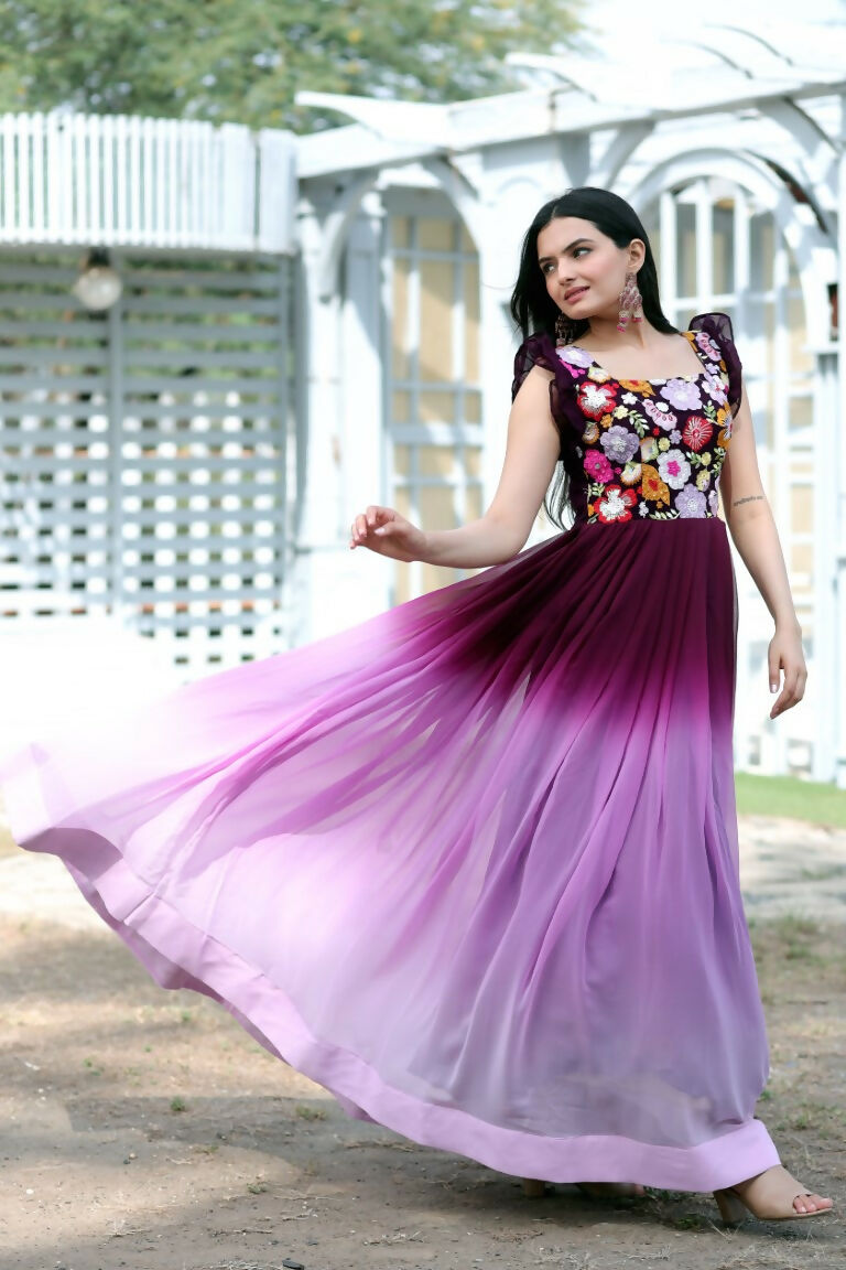 Jyoti Fashion Women's Wine Sequins Embroidery Faux Blooming Anarkali Dress | Swadesiicart
