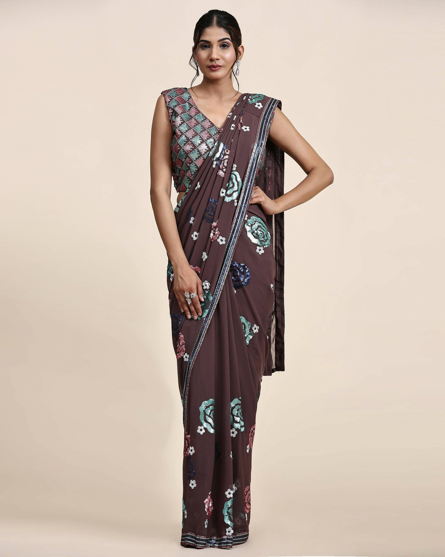Brown Pure Georgette Sequence work Ready to wear Saree with stitched Blouse - Nirvana | Swadesiicart