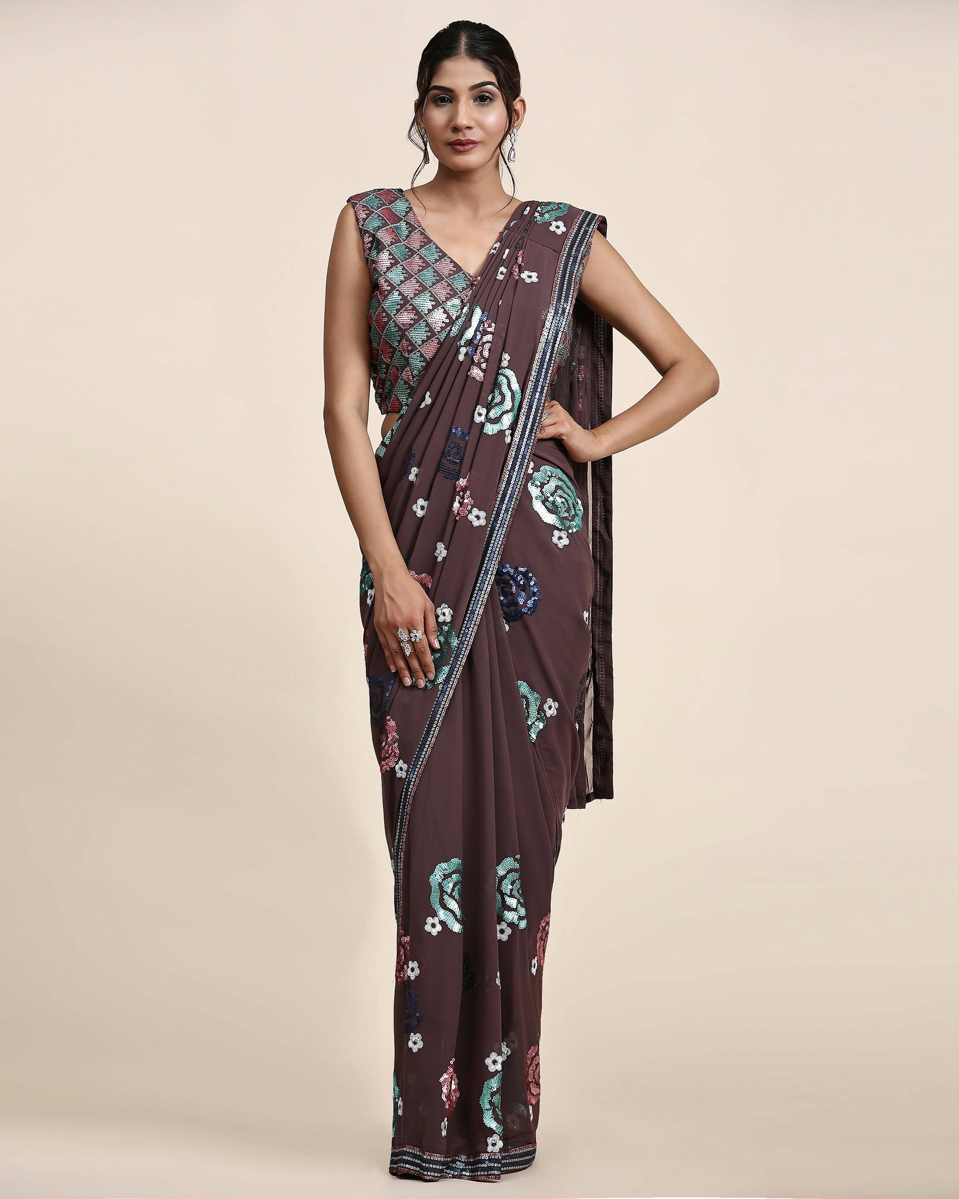 Brown Pure Georgette Sequence work Ready to wear Saree with stitched Blouse - Nirvana | Swadesiicart