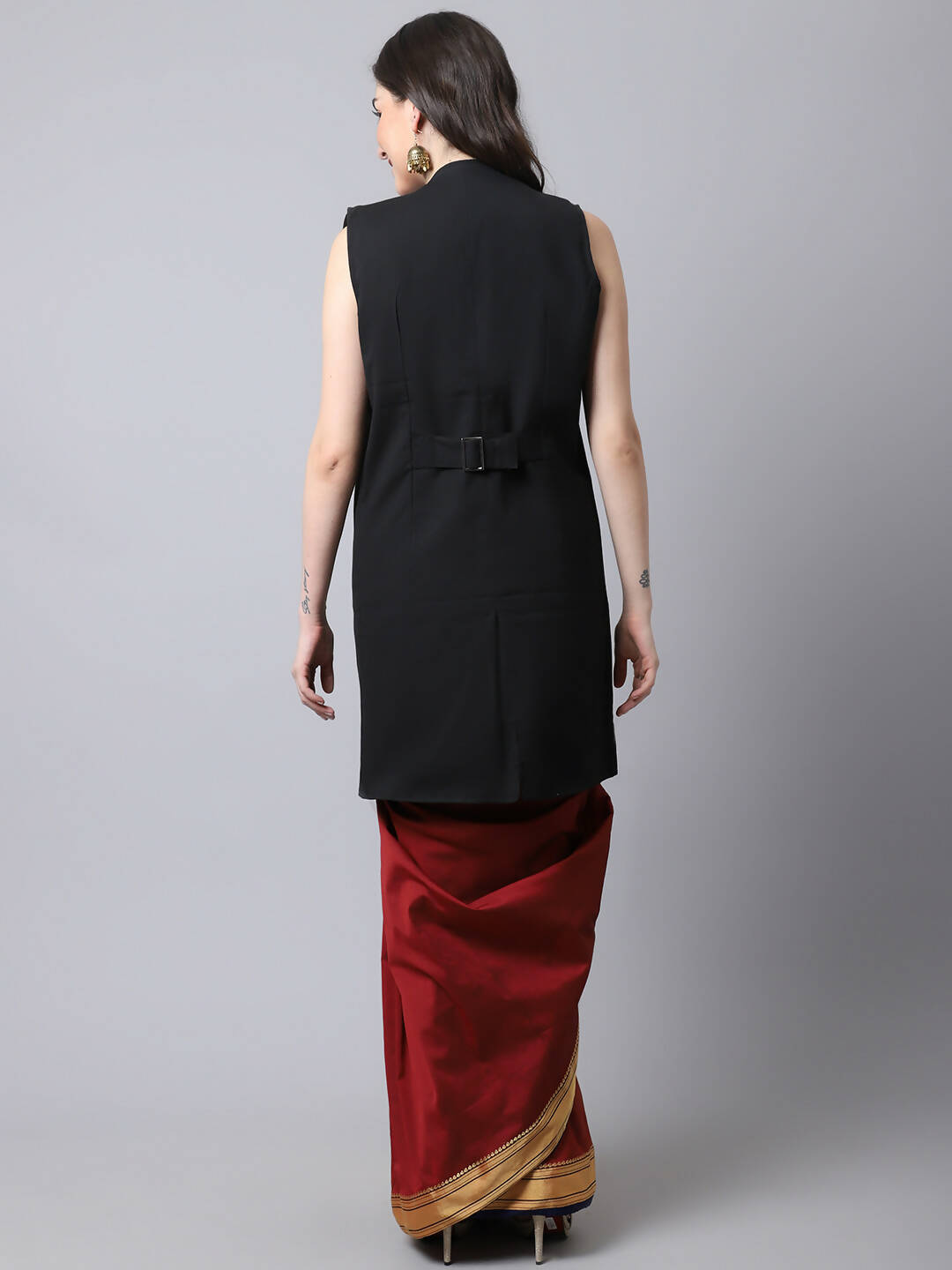 Even Apparels Black Polywool Open Front Women's Long Coat | Swadesiicart