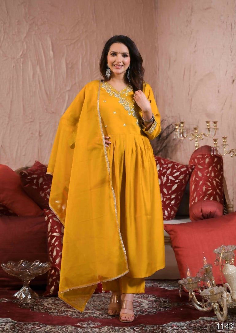 Ethnic Festive Wear Viscose Chanderi Yellow Stitched Suit With Dupatta - Tanisha | Swadesiicart