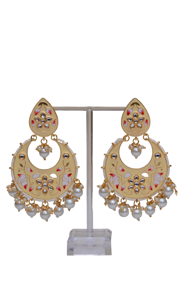 Cream Gold-Polished Brass & Pearl Dangle Women Earrings| Hand Painted Meenakari Chandbali Traditional Ethnic Wear Earrings By House of Ree - Swadesiicart