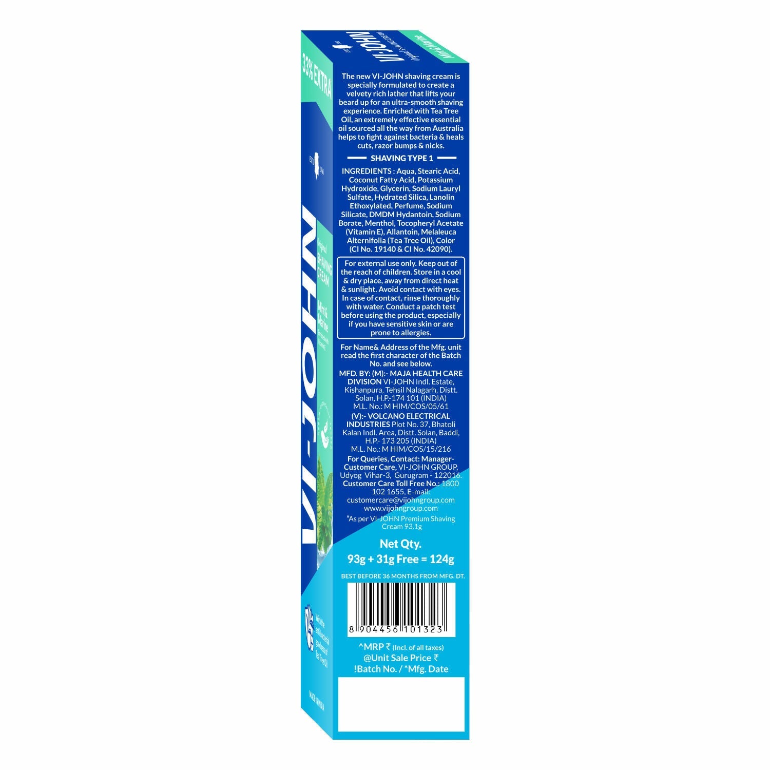 VI-JOHN Dermatologically Tested Vitamin-E enriched Anti Bacterial Mint & Marine Shaving Cream | Swadesiicart