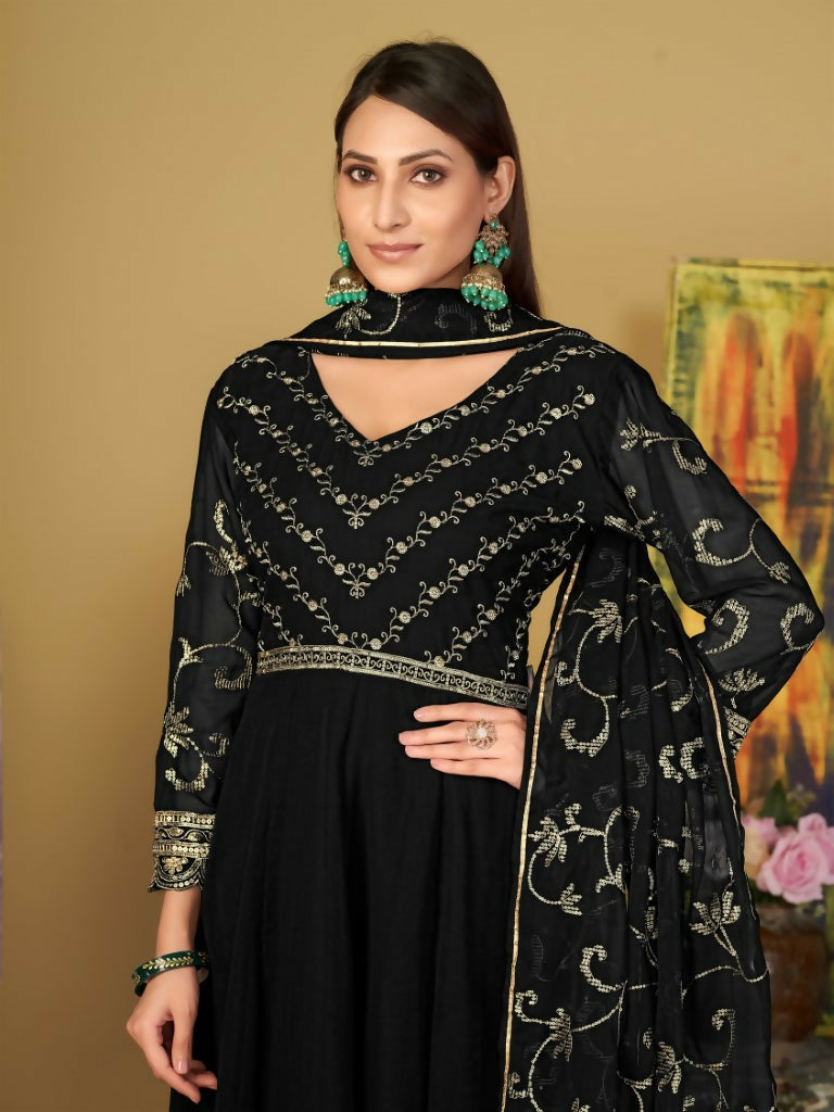 Jyoti Fashion Women's Black Georgette Embroidered Anarkali Kurta Pant Set With Dupatta | Swadesiicart