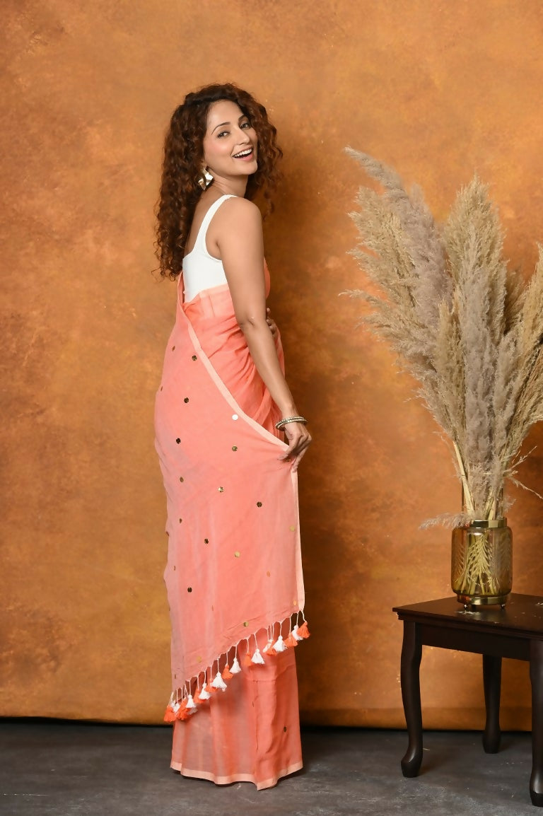 Very Much Indian Pure Mul Cotton Handloom Saree - Peach | Swadesiicart