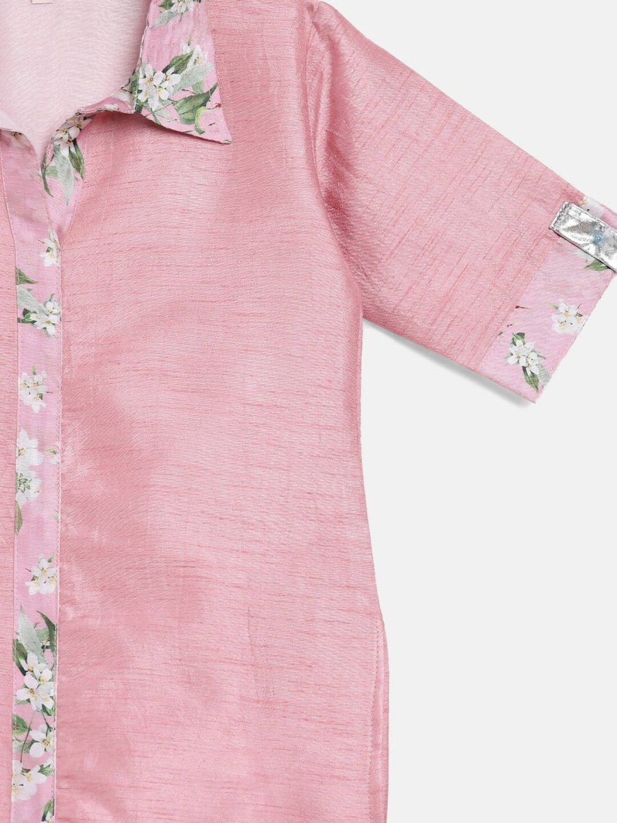 Ahalyaa Pink Poly Silk Solid Kids Kurta with Printed Pant Set For Girls | Swadesiicart