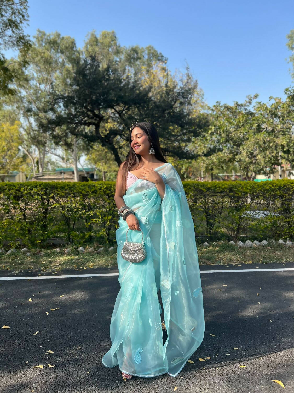 Vamsee Sky Blue Organza Saree - Swadesiicart