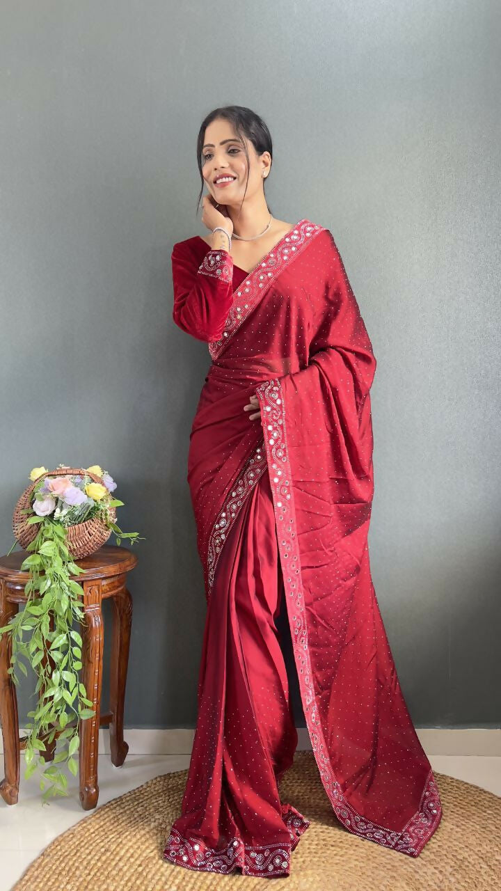Vastranavya Red Rangoli Silk Real Mirror work with Swarovski work Ready to Wear Saree | Swadesiicart