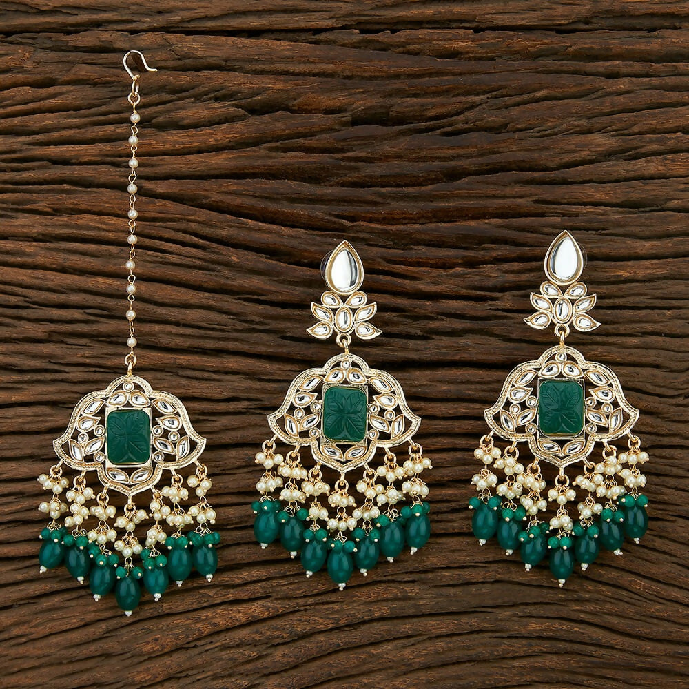 Joban Fashion Women Kundan Pearl, Onyx Stone Golden White Green Earring Tika - Swadesiicart