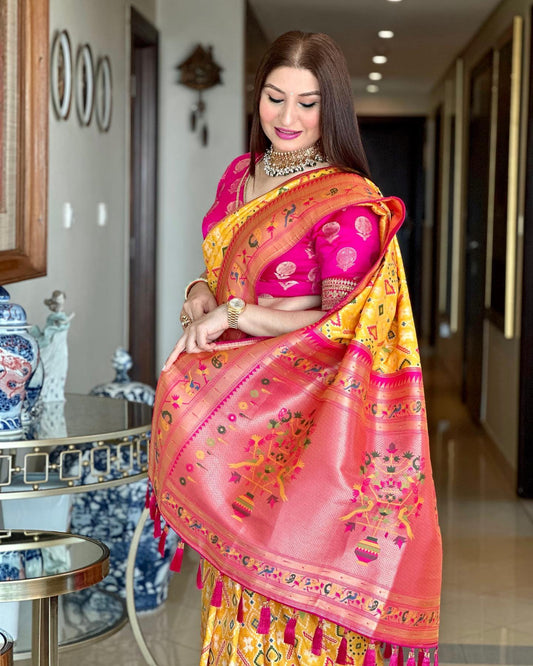 Vishnu Weaves Women's Yellow Patola Silk Meenakari Zari Woven Saree with Blouse - Swadesiicart