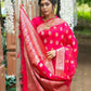 Vishnu Weaves Women's Pink Banarasi Silk Floral Zari Woven Saree with Unstitched Blouse - Swadesiicart