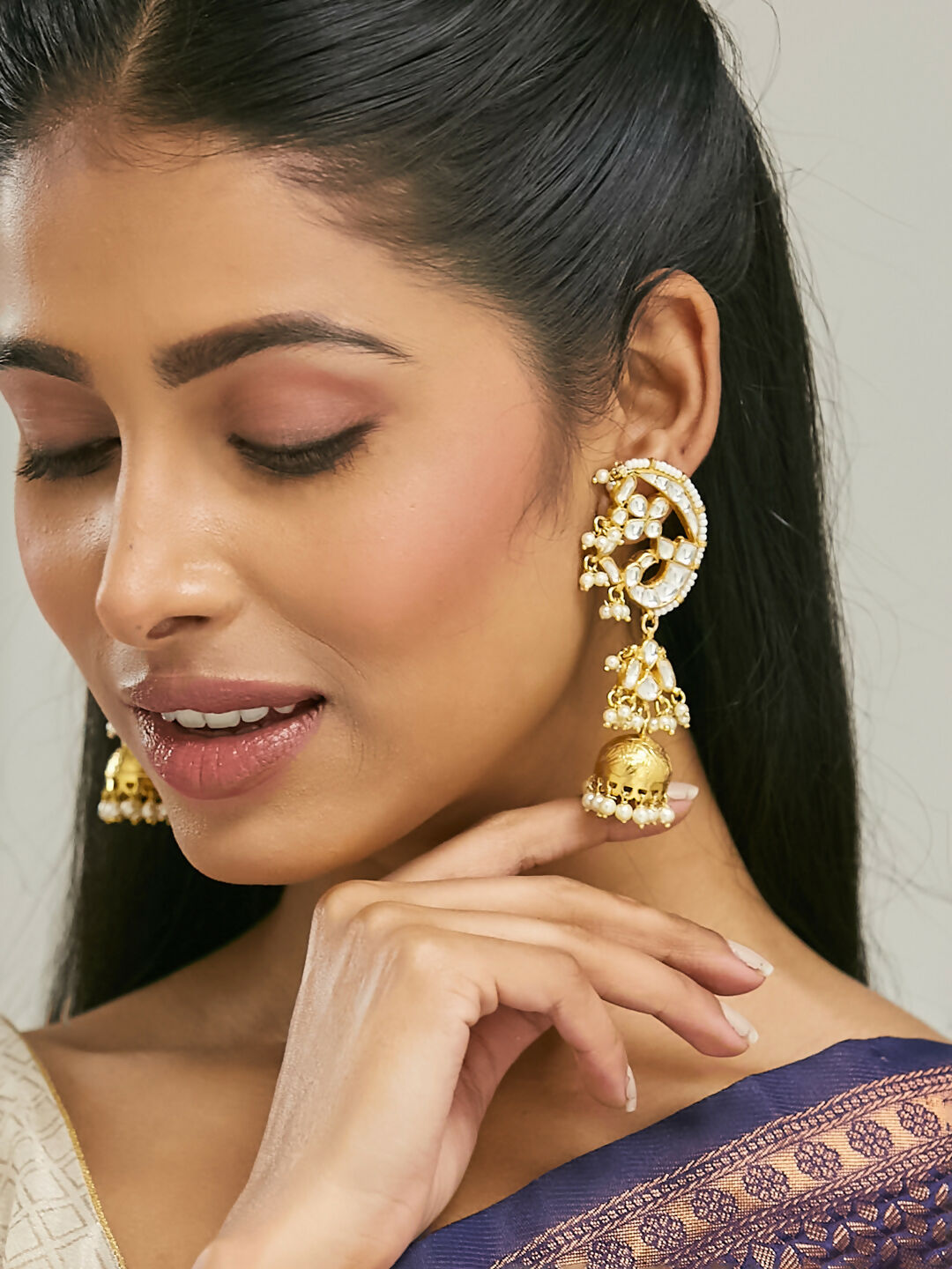Nuyug 22K Gold-Plated Elegant Kundan Stone Studded & Pearl Drops Mini Jhumki Dangler Earrings | Swadesiicart