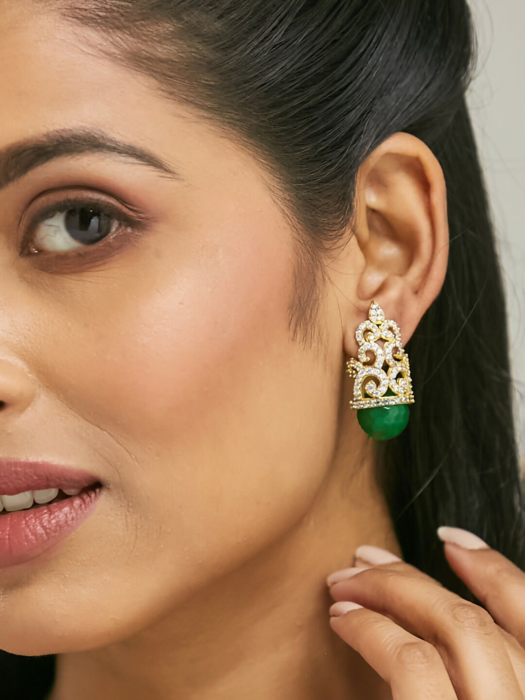 Nuyug 22K Gold-Plated Green Gemstone & Zircon Studded Contemporary Filigree Motif Studs | Swadesiicart