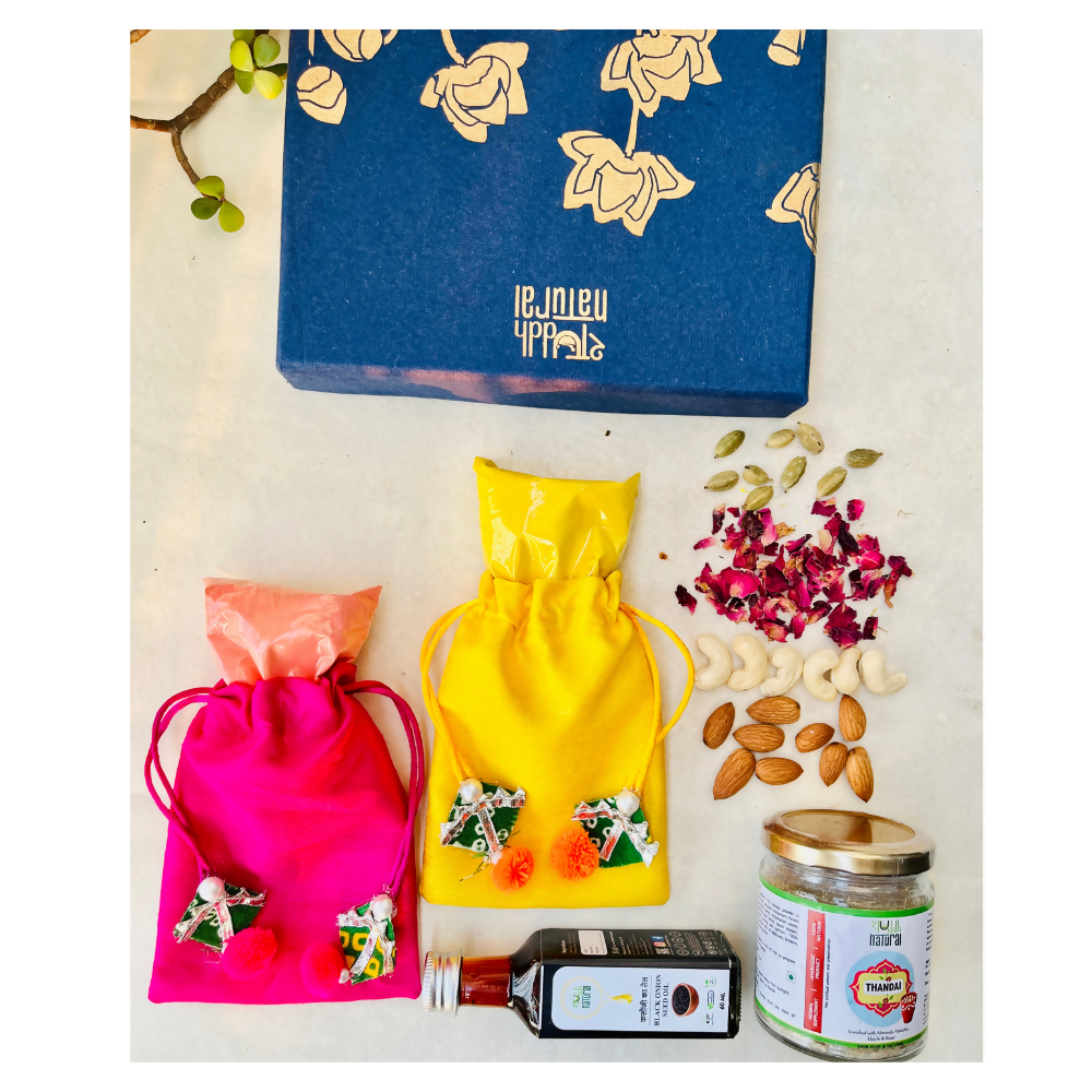 Shuddh Natural Ubtan Based Herbal Gulal, Ayurvedic Thandai Powder and Kalonji Hair Oil | Holi Gift Hamper | Swadesiicart