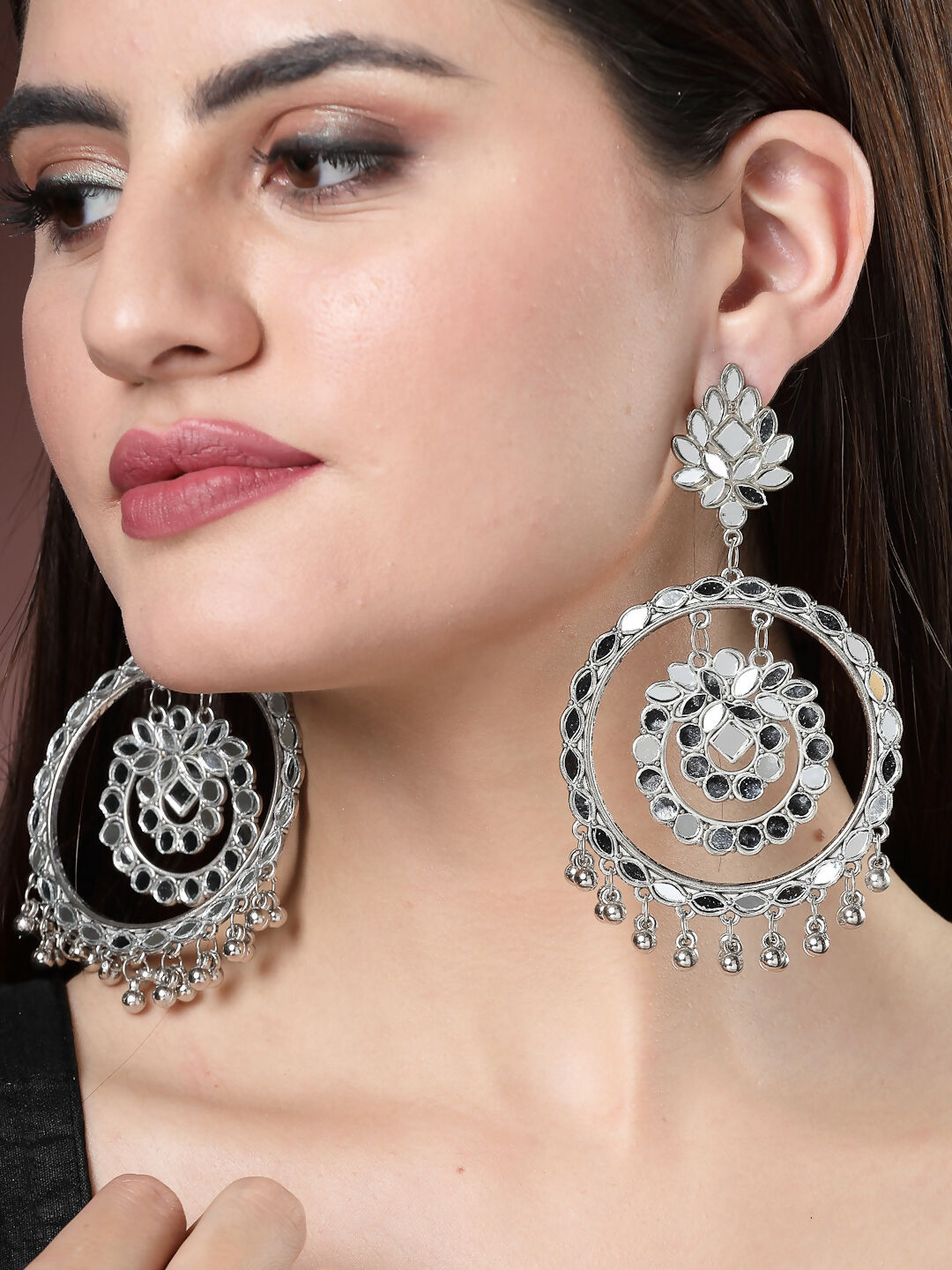 NVR Women's Silver-Toned Mirror Work Oxidised Contemporary Drop Earrings | Swadesiicart