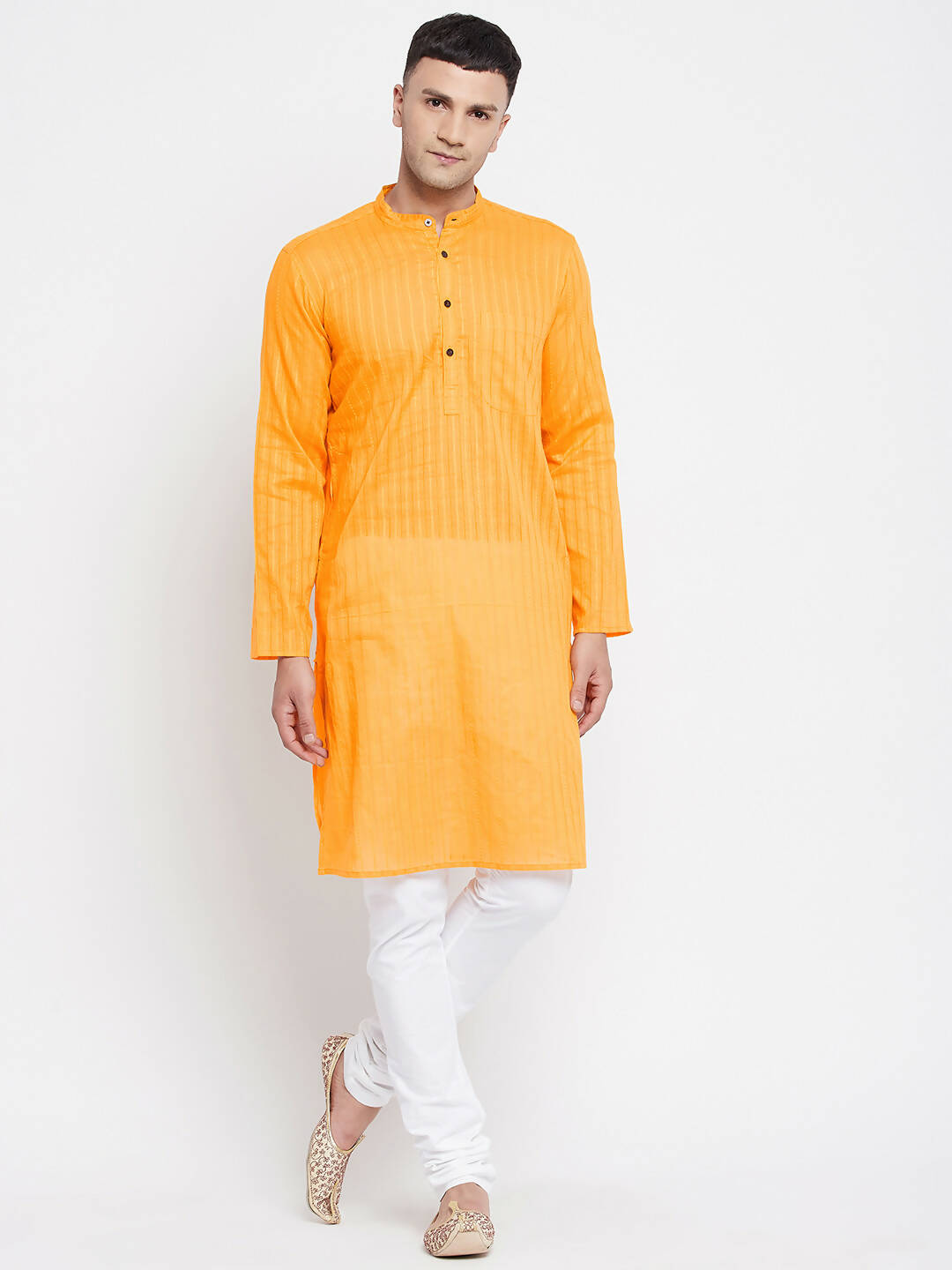 Even Apparels Men's Pure Cotton Kurta With Band Collar in Yellow Color | Swadesiicart