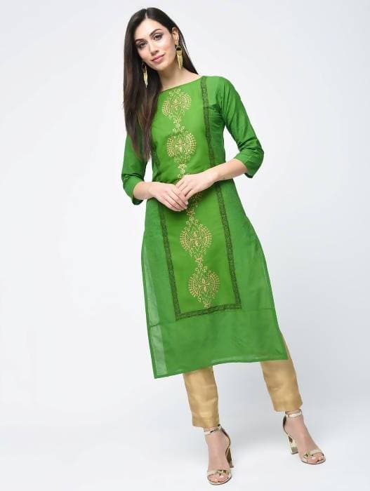 Aniyah Cotton Block Printed Green Color Straight Kurta (AN-129K) - Swadesiicart