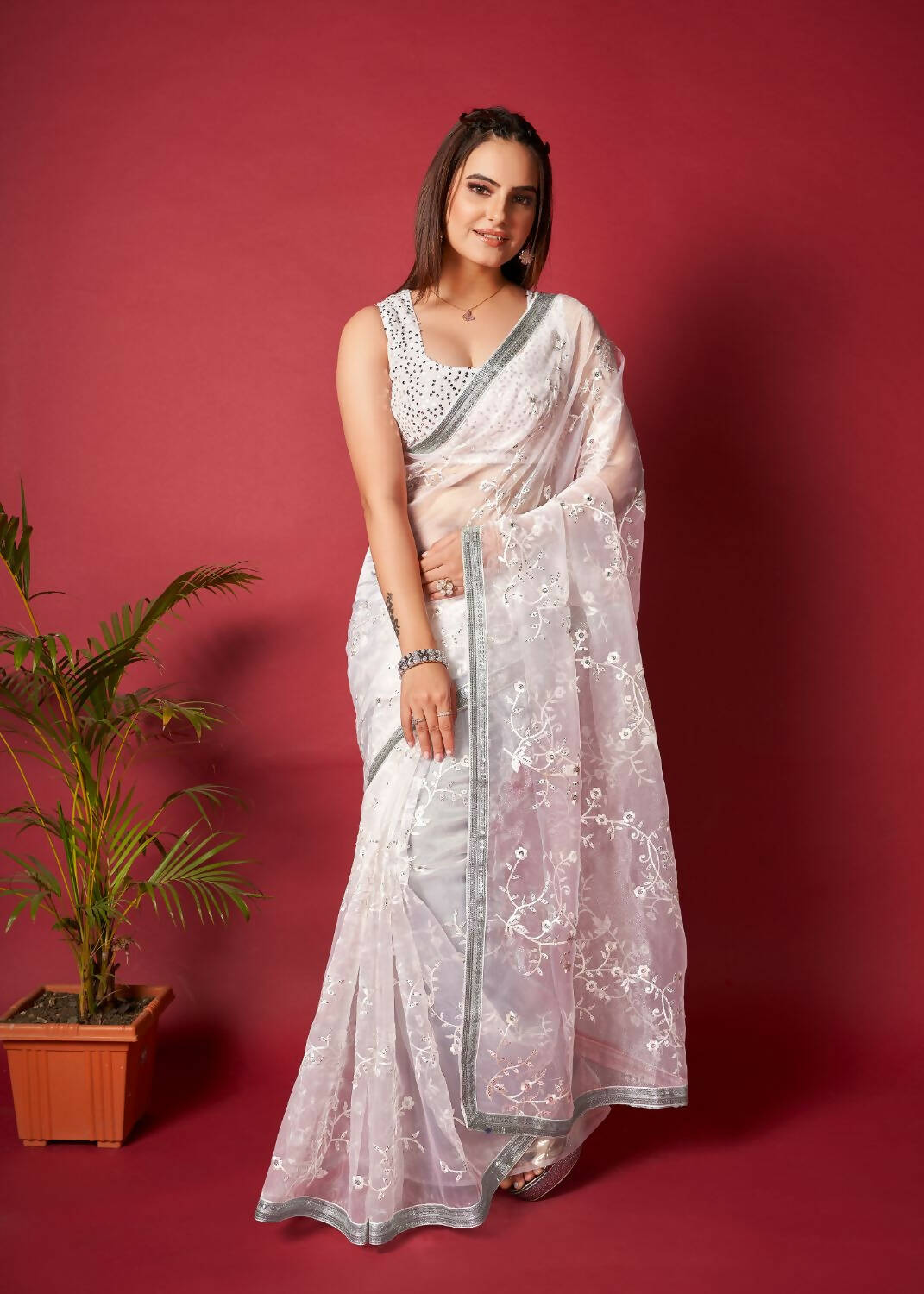 Vamsee White Organza Saree - Swadesiicart