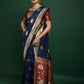 Vishnu Weaves Women's Blue Tussar Silk Zari Woven Saree with Blouse - Swadesiicart