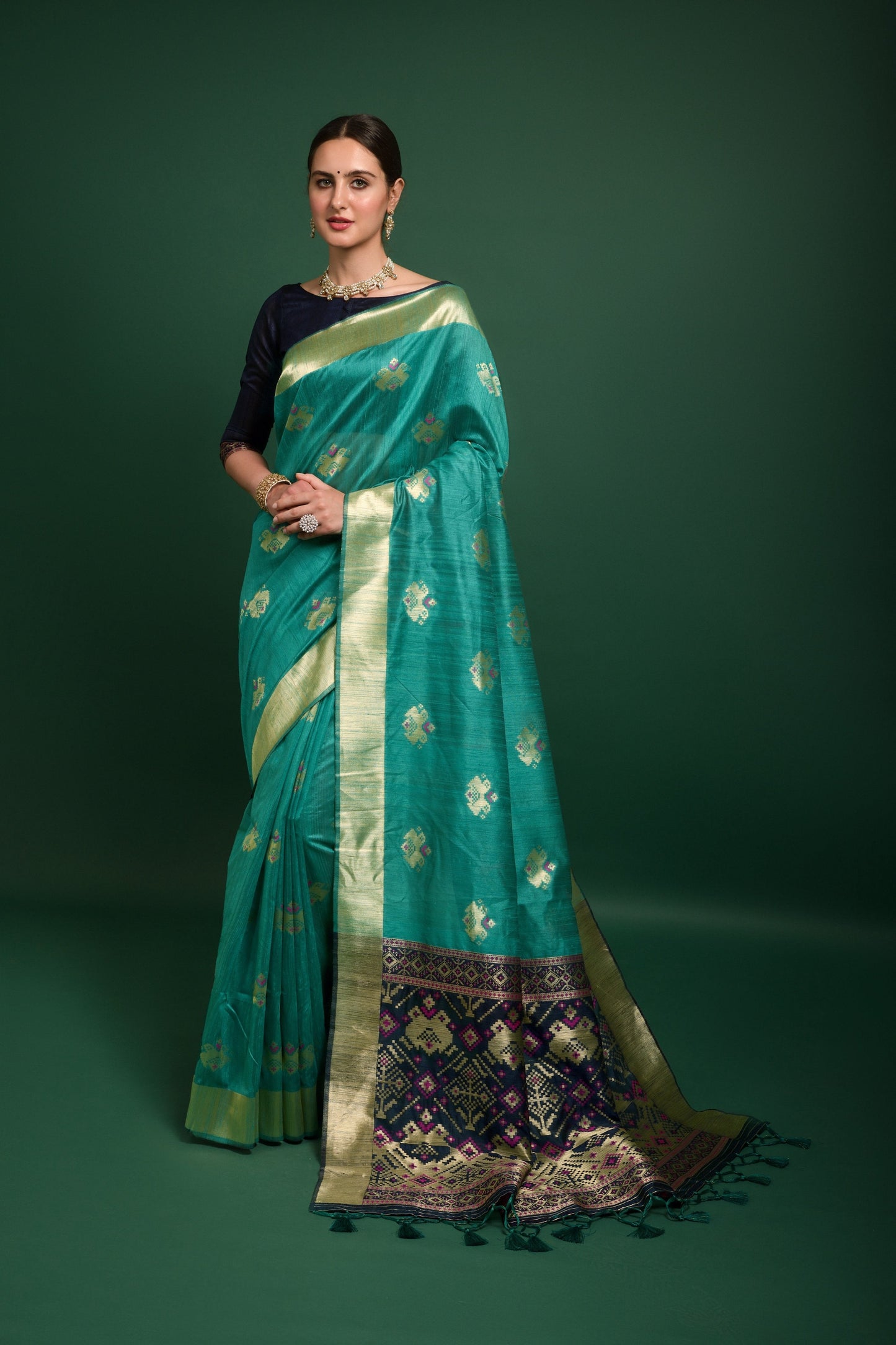 Vishnu Weaves Women's Rama Tussar Silk Zari Woven Saree with Blouse - Swadesiicart