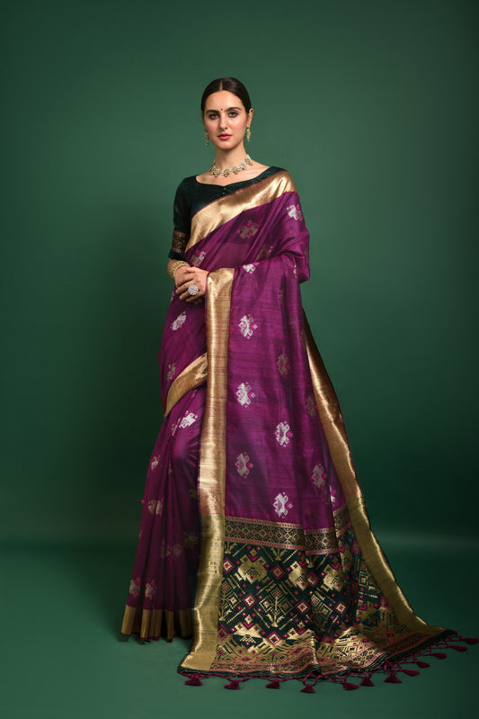 Vishnu Weaves Women's Wine Tussar Silk Zari Woven Saree with Blouse - Swadesiicart