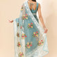 Blue Organza Floral Embroidered Saree with Unstitched Blouse Piece - Roozal