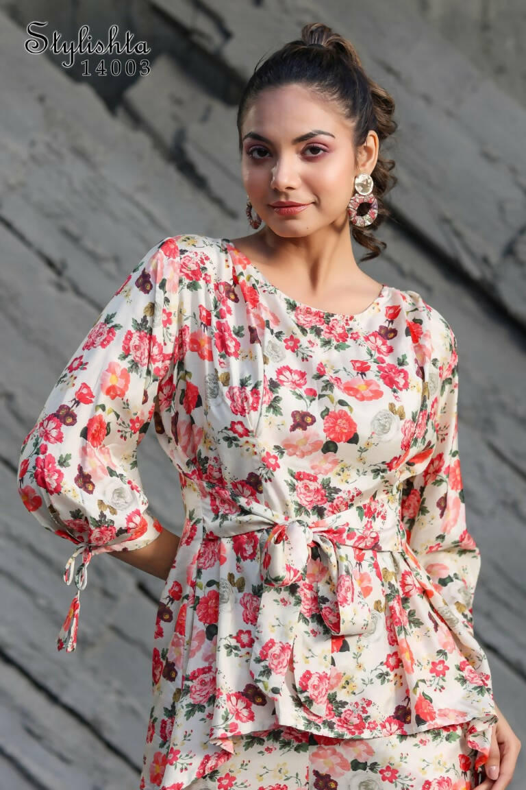Women's Partywear Designer White & Multi Muslin co-ord set - Stylishta - Swadesiicart