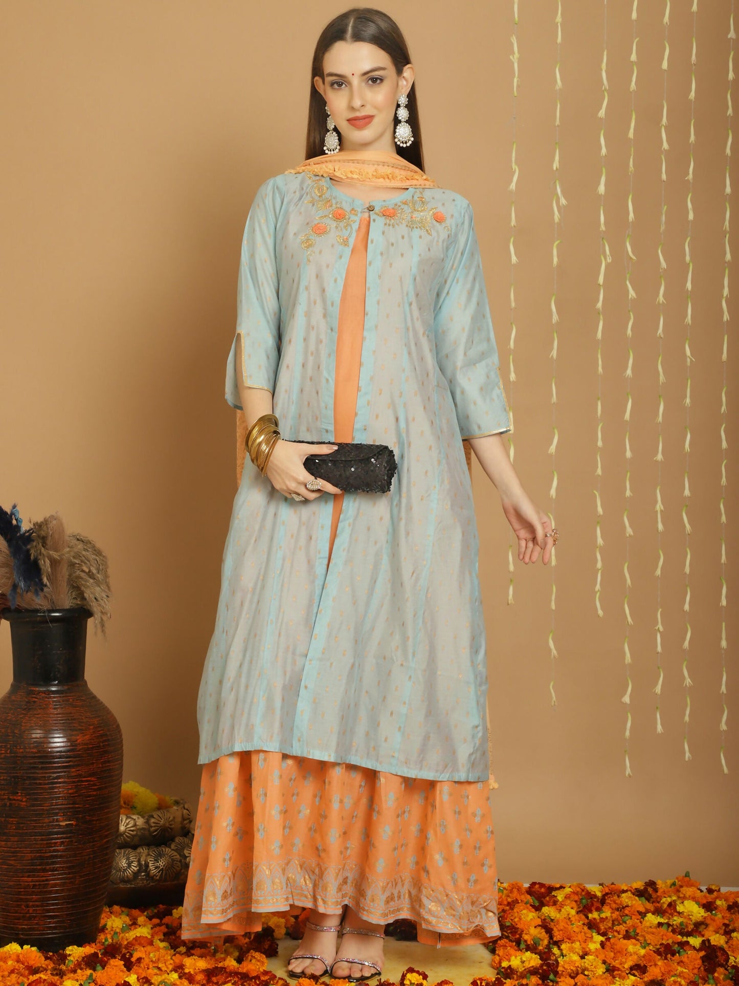 Jyoti Fashion Women's Turquoise Chanderi Silk Elegant Jardoshi Kurta with Trouser & Dupatta | Swadesiicart