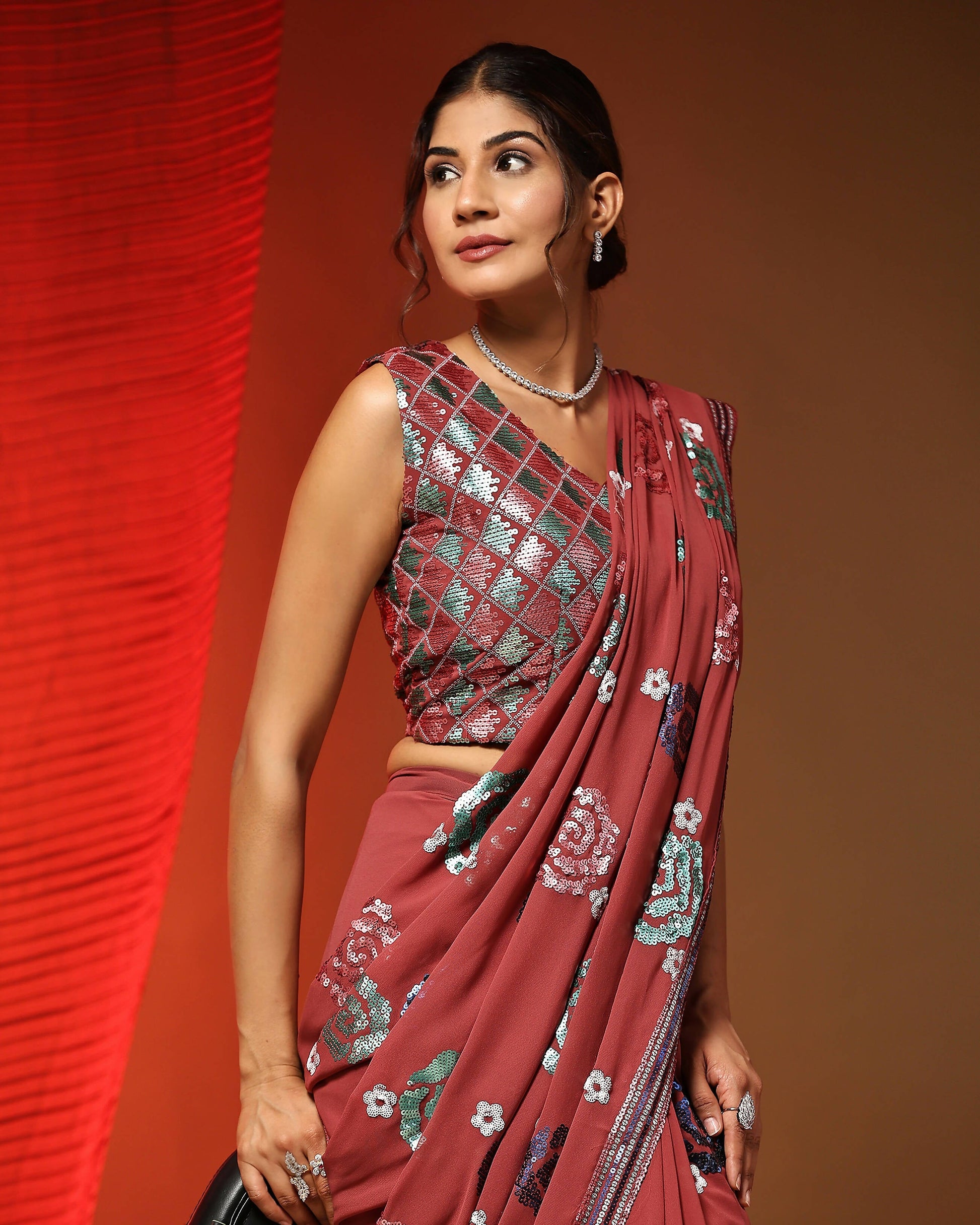 Peach Pure Georgette Sequence work Ready to wear Saree with stitched Blouse - Nirvana | Swadesiicart