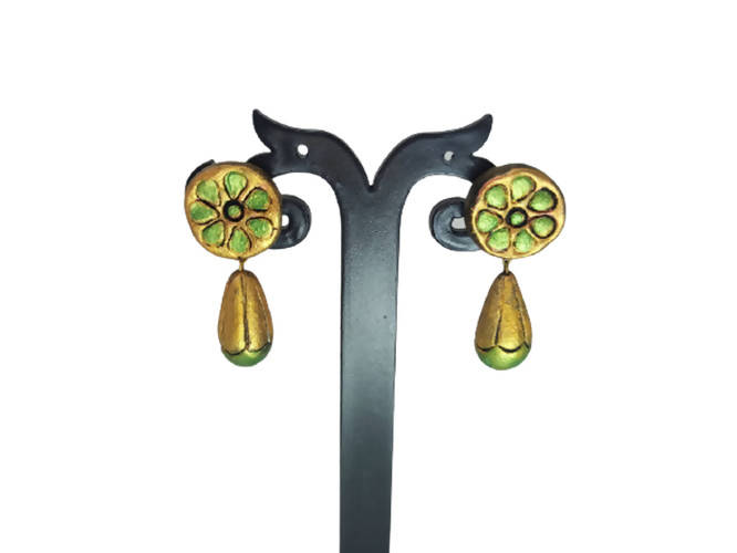 Terracotta Round Earstuds With Drops-Copper And Green | Swadesiicart