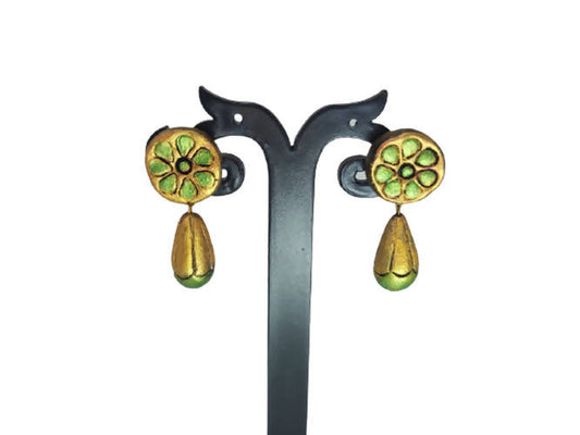 Terracotta Round Earstuds With Drops-Copper And Green | Swadesiicart