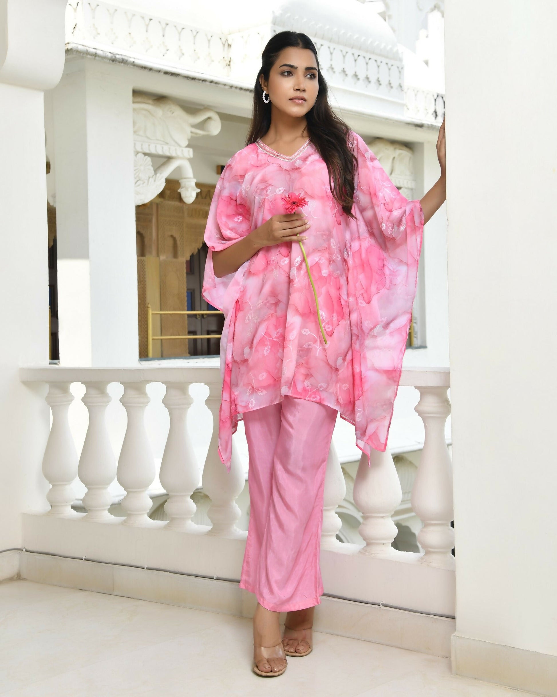 Vaasva Women's Pink Georgette Marble Print Kaftan Pant Set | Swadesiicart